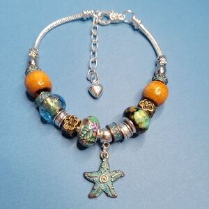 NWT Pandora Style Charm Bracelet European Star Copper Patina Charms, Wood, Glass